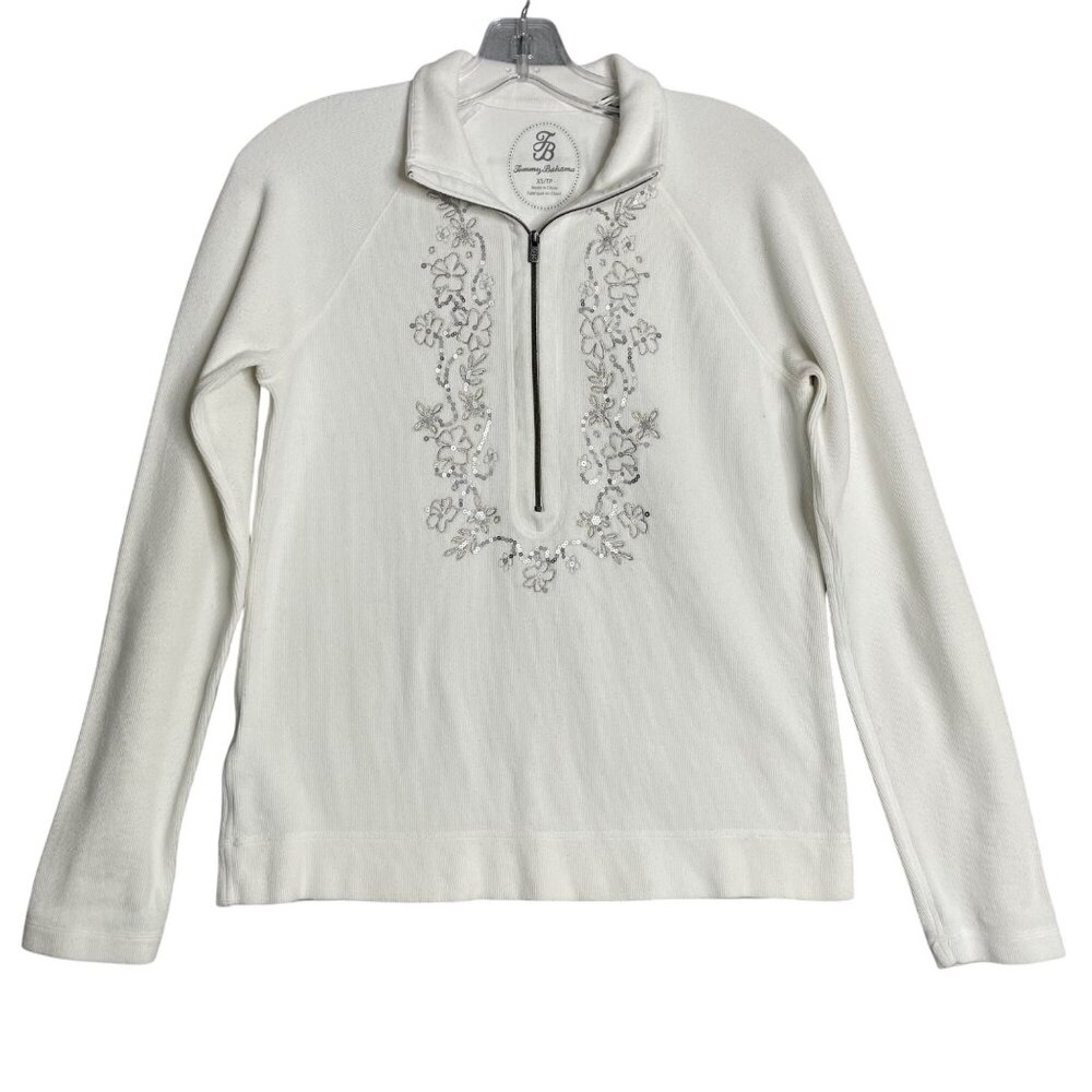 Tommy Bahama Half Zip Sweater Womens XS White Silver Embroidered Sequin Floral